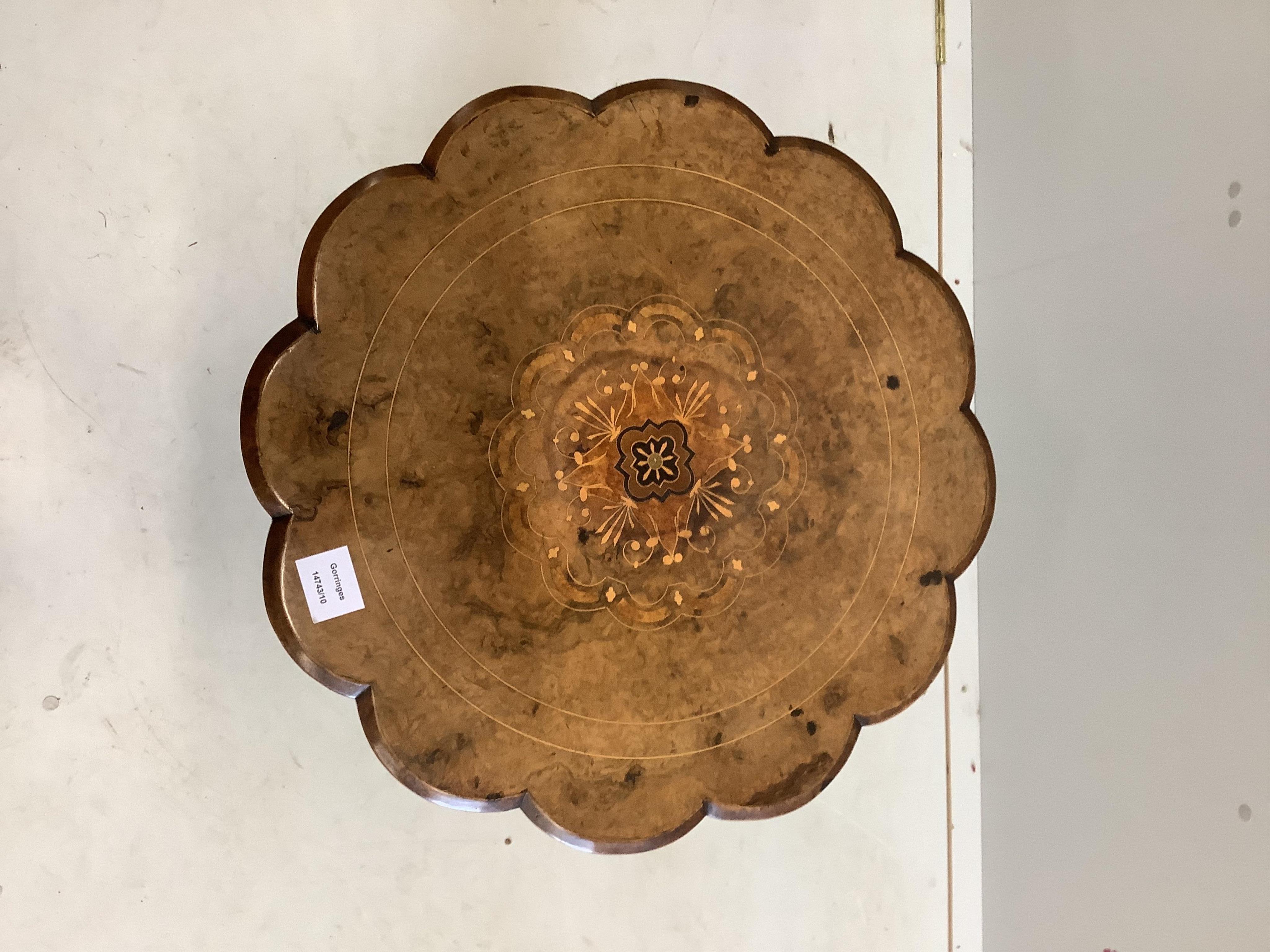 A Victorian and later circular inlaid walnut tripod wine table, diameter 53cm, height 64cm. Condition - fair